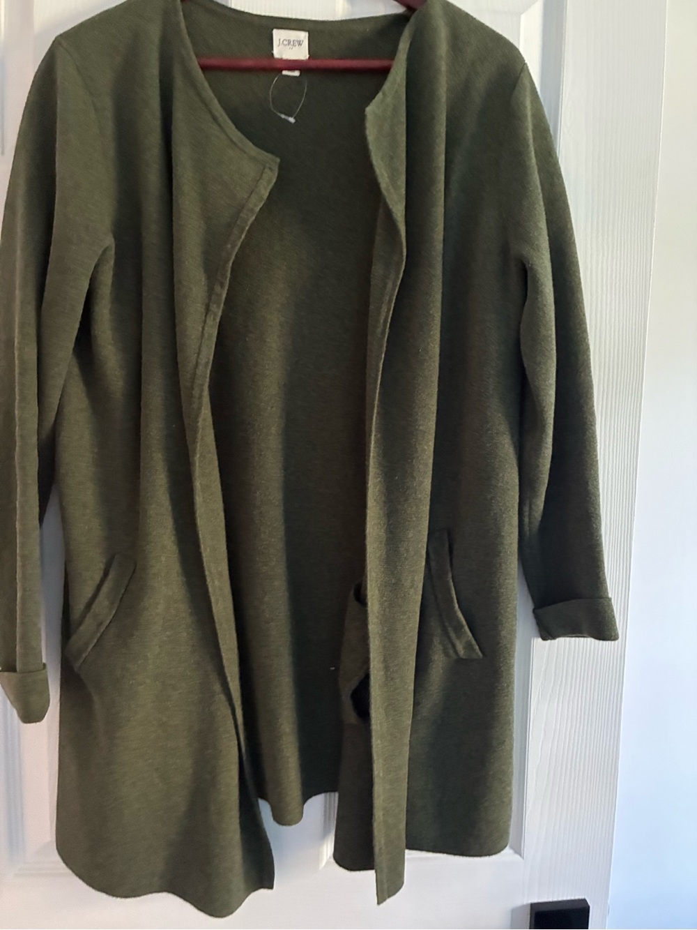 J Crew Vanessa Knit Sweater Blazer Jacket Pockets Dark Olive Medium Cotton